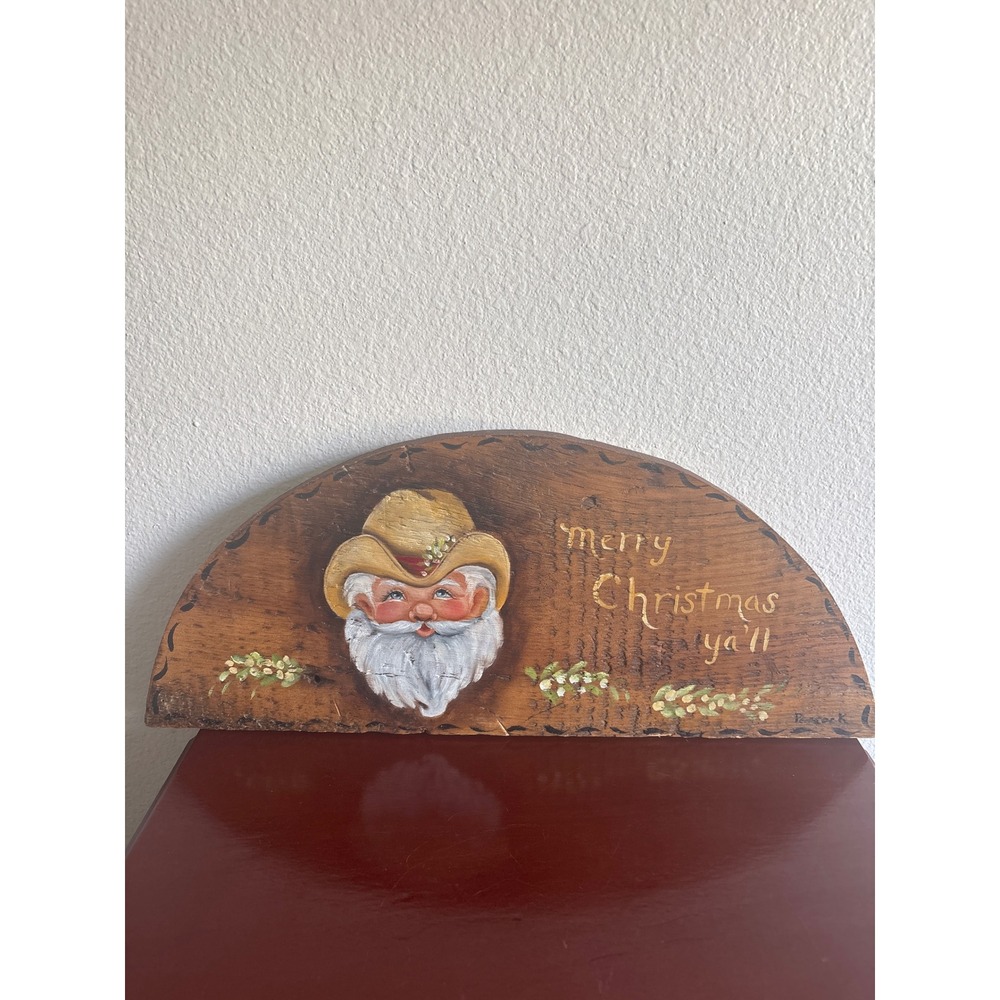Vintage Hand Painted Wood Sign Cowboy Santa Merry Christmas Ya'll Folk Art Decor